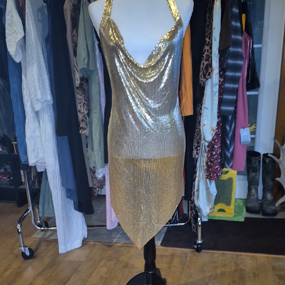 Gold Sequin Halter Dress